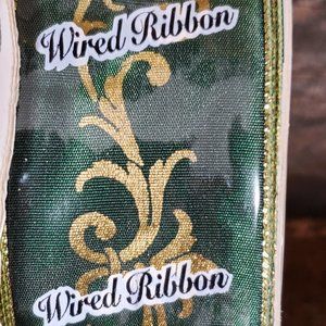 Vintage Offray Wired Victorian Scroll Ribbon - Satin - Green & Gold  - 10 yards